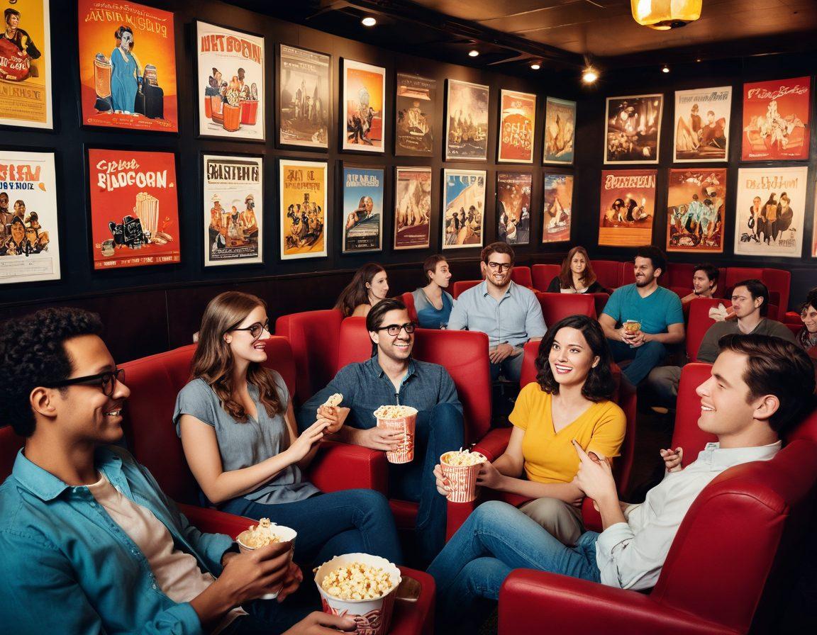 A bustling movie theater with a diverse group of adults engaging in animated discussions about films, surrounded by vibrant posters of classic and contemporary adult cinema. Include elements like popcorn, drinks, and cozy seating to capture the atmosphere of a lively review session. Soft lighting to evoke a cinematic feel. modern art style. warm colors.