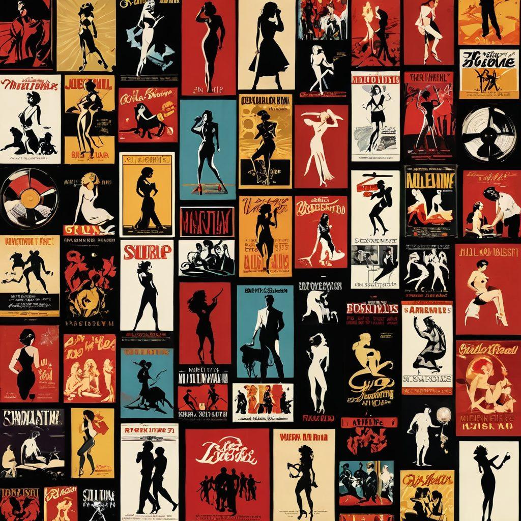 A dynamic collage showcasing the evolution of adult entertainment in film, featuring iconic movie scenes from vintage erotica to modern blockbusters. Include film reels and a spotlight effect to convey cinematic allure, with a mix of recommended elements like provocative silhouettes and vibrant movie posters. Emphasize the contrast between the sensual and mainstream appeal, using a palette of deep reds and golden hues. vector art. vibrant colors.